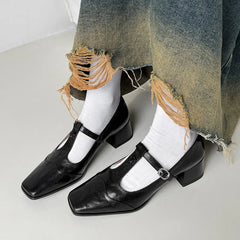 LBSFY  -  Fashion Pumps New High Quality True Leather Square Head T-shaped High Heels Mary Jane Shoes Commuter Women's Shoes