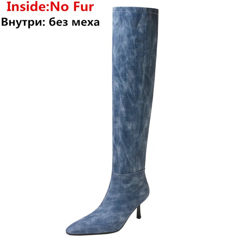 LBSFY  -  2024 New Fashion Slip On Over The Knee Boots Pleated Genuine Leather Boots For Women Thin High Heels Winter Boots