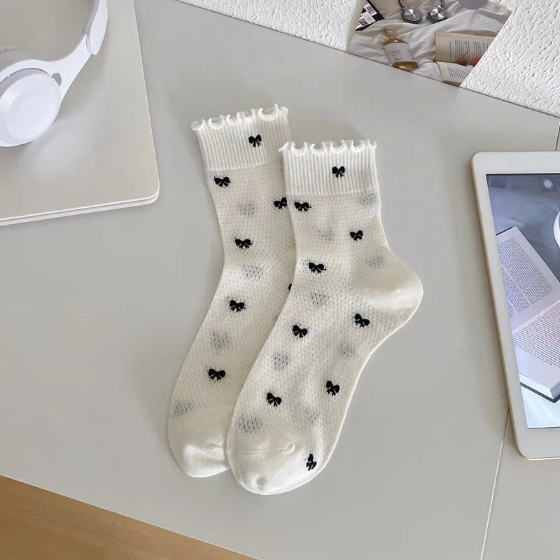 Lbsfy Women's Socks Spring Summer Bamboo Fiber Bow Girls Ruffle Socks Lolita Kawaii Simple Black White Thin Mesh Breathable Girls Gift