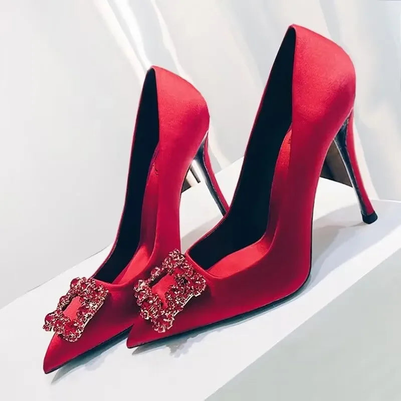 LBSFY  -  Luxury Rhinestone Pointed Toe Women Pumps Elegant Crystal Wedding Bridal Shoes Satin Silk Square Button Design Mules High Heels