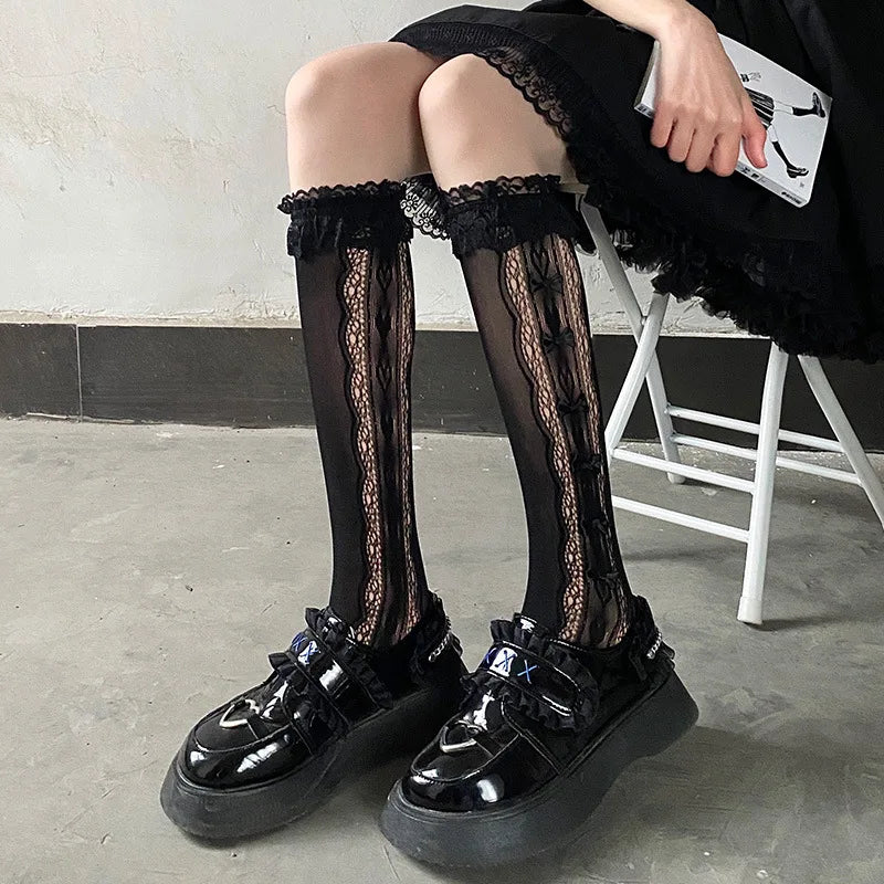 Lbsfy Women's Socks Japanese Style Lace Lolita Summer Autumn Thin Comfortable Solid Color Bow Mid-tube Jk Sweet Lovely Sexy Calf Socks