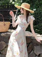 LBSFY -Fairy French Print Women's Dresses Roamntic Elegant Zipper Lace Up New Ruffles Slim Fit Folds Mejur Dress Summer Fashion Vestido