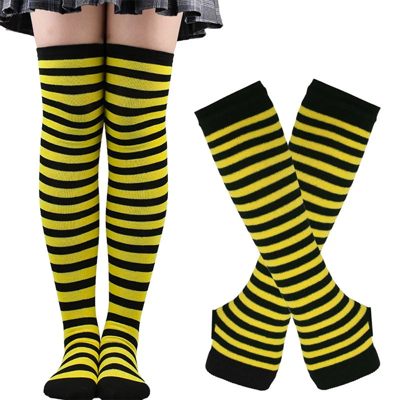 Lbsfy 1 Set Women Girls Over Knee Long Stripe Thigh High Cotton Gothic Lolita Socks Arm Sleeve Gloves Sweet Cute Black Overknee Socks