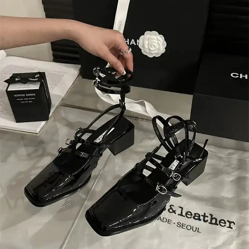 LBSFY  Summer Thick Heel Women Sandals Fashion Square Toe Cross Ankle Strap Shoes Ladies Elegant Party Dress Sandalias