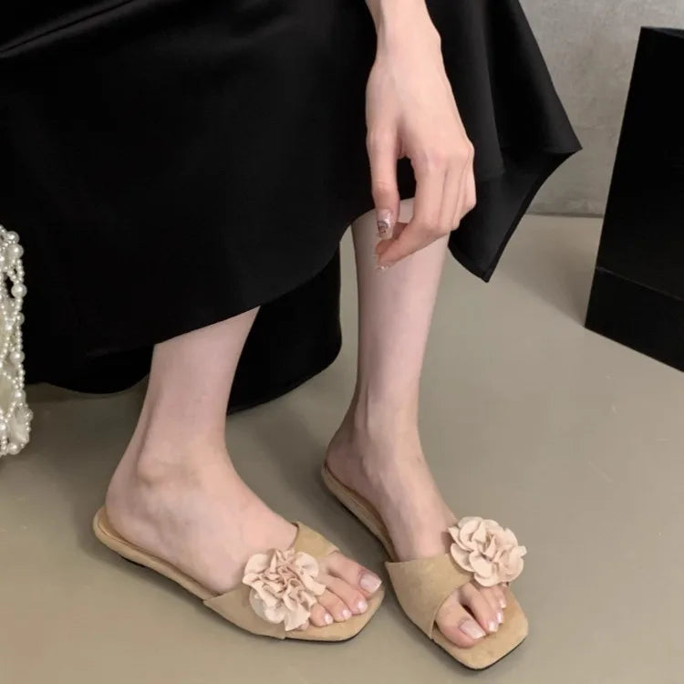 LBSFY -Women French Flowers Slippers Summer Slides Open Toe Flat Casual Shoes Leisure Sandal Female Vacation Beach Flip Flops