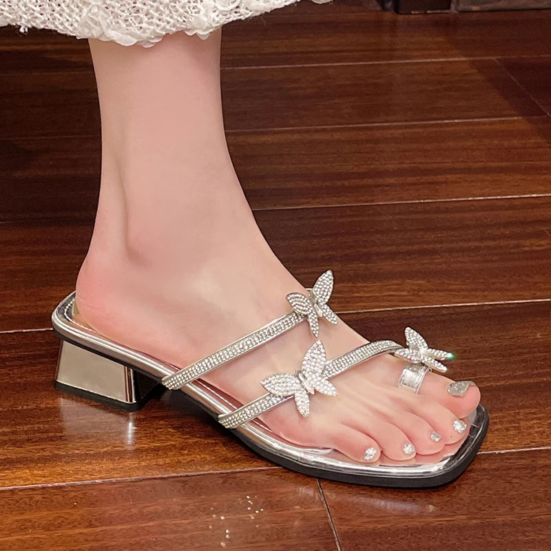 LBSFY  Fashion Silver Crystal Sandals Women Rhinestone Butterfly Thick Heel Sandles Woman Summer Med Heeled Party Shoes Female