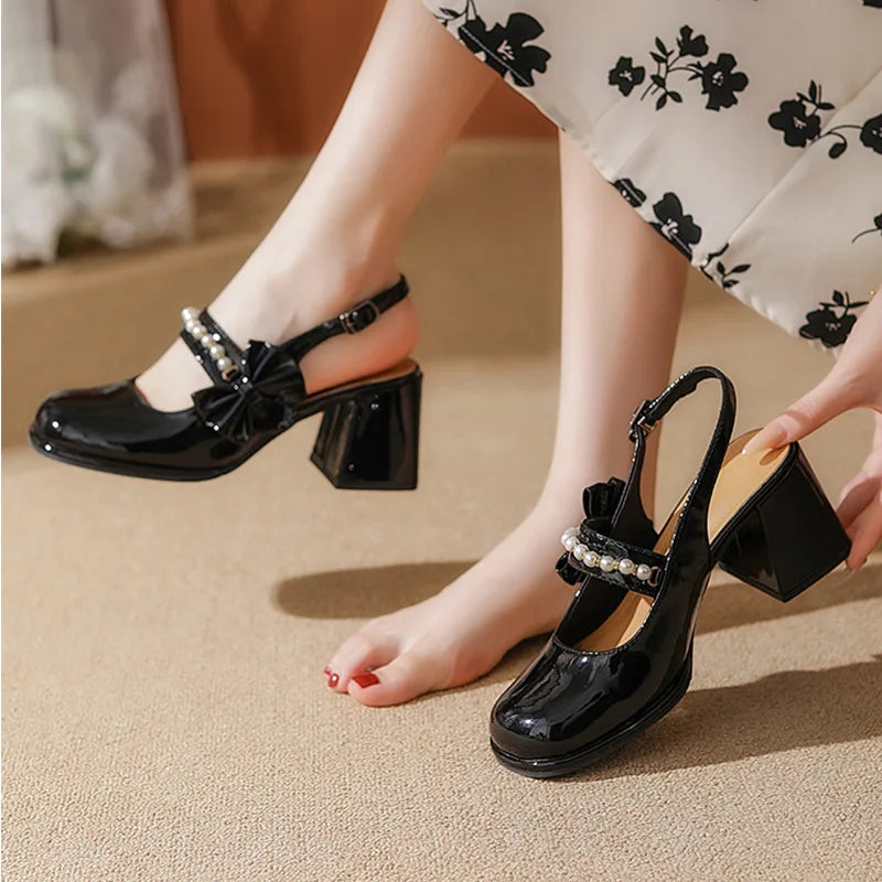 LBSFY  -  Large Size 31-43 High Heels Round Toe Chunky Heel Mary Jane Shoes Women White Black Slingbacks Patent Leather