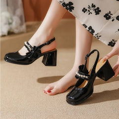 LBSFY  -  Large Size 31-43 High Heels Round Toe Chunky Heel Mary Jane Shoes Women White Black Slingbacks Patent Leather