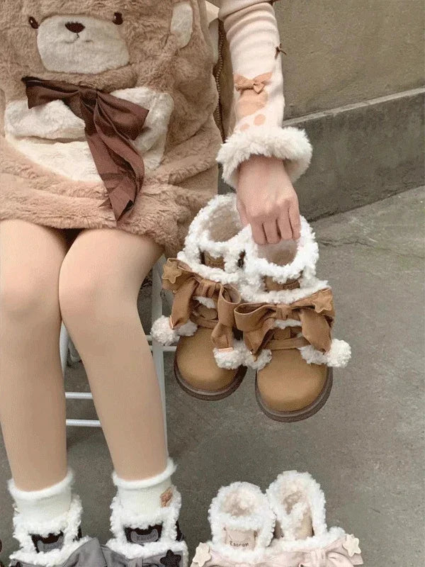 LBSFY  -  Lolita Thickened Snow Boots Female Cute Bow Sports Cotton Shoes Sweet Round Head Casual Platform Boot