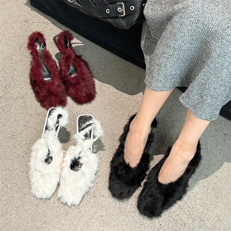 LBSFY  -  Design Style Furry Corduroy Square Toe Woman Pumps Sandals Sexy Slingbacks Thin High Heels Banquet Dress Shoes