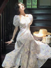 LBSFY -Women's French Print Dresses Casual New Elegant Vintage Square-Collar Floral A-Line Slim Puff-Sleeve Dress Holiday Summer Chic