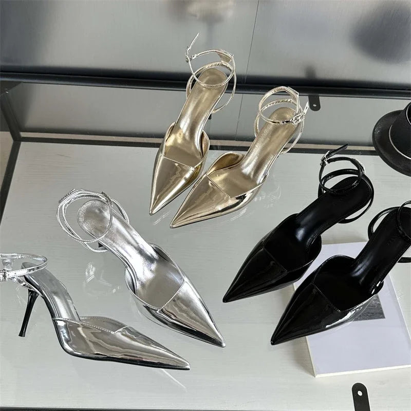 LBSFY -Gold Silver Ankle Buckle Strap Women Pumps Sexy Thin High Heels Pointed Toe Slingback Mules Dress Designer Shoes