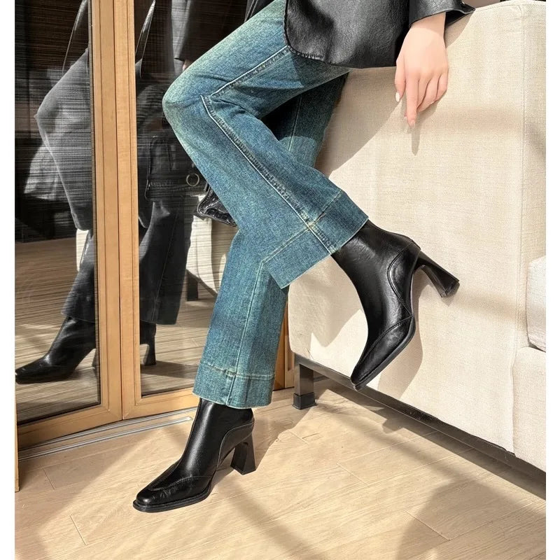 LBSFY -2025 Vintage High Heel Women Ankle Boots Fashion Square Toe Short Booties Autumn Winter Ladies Shoes Botas Mujer