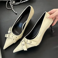 Lbsfy Elegant Patent Leather Metal Belt Buckle Designer Women Pumps Sexy Pointed Toe Thin High Heels High Quality Mary Jane Mules Shoe