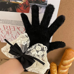 Lbsfy Lolita Winter Warm Knitted Full Finger Gloves Women's Ribbon Ties Lace Touch Screen Gloves Lady Thickened Fleece Woolen Mittens