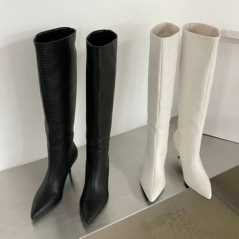 LBSFY -Sexy Gingham Pointed Toe Women Knee-High Boots High Quality Party Dress Modern Long Booties Thin Low Heels Shoes