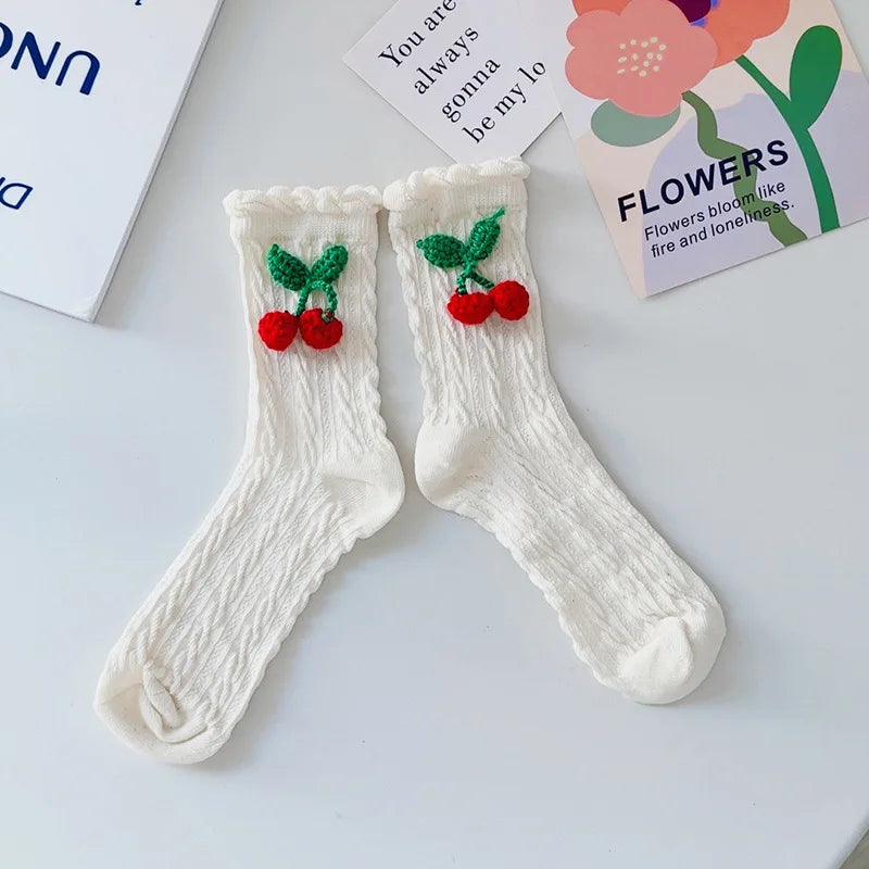 Lbsfy women cotton socks Japanese solid color cherry sweet spring Lolita princess white socks girls gift female