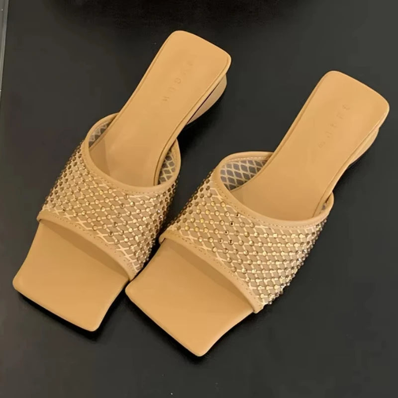 Lbsfy Summer NEW Mesh Breathable Slippers Women Rhinestone Square Toe Slides Female Footwear Fashion Sandals Ladies Zapatos De Mujer