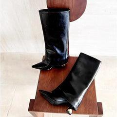 LBSFY -New Style Retro Fashion Pointed-toe Trouser Leg Boots Spring and Autumn Temperament Special-shaped Heels High-end Long-leg Boots