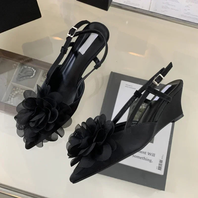 Lbsfy Luxury Designer Elegant Sandals Woman Summer Flower Buckle Strap Pumps Women Sexy Pointed Toe Wedge Heels Fashion Mule Shoe