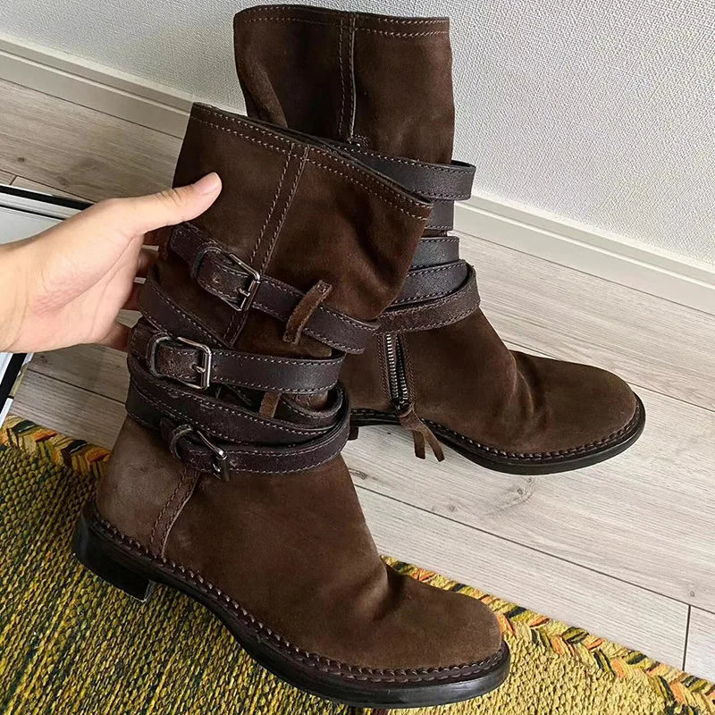LBSFY  -  Suede Leather Mid-Calf Boots Women Round Toe Slip-On Short Boots Metal Belt Buckle Flat Shoes Motorcycle Boots Woman Botas Mujer