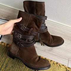 LBSFY  -  Suede Leather Mid-Calf Boots Women Round Toe Slip-On Short Boots Metal Belt Buckle Flat Shoes Motorcycle Boots Woman Botas Mujer