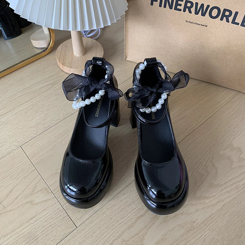 LBSFY  Platform Thick Heel Women Mary Jane Shoes Fashion Pearl Ankle Strap Shoes Ladies Elegant Stripper Party Pumps