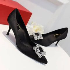 LBSFY  -  Luxury Rhinestone Pointed Toe Women Pumps Elegant Crystal Wedding Bridal Shoes Satin Silk Square Button Design Mules High Heels