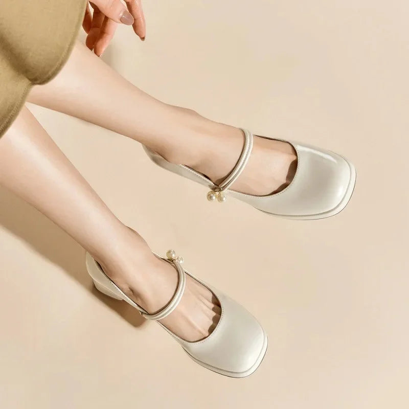 LBSFY -Vintage Style Japanese Women's Shoes Thick Bottom Mary Jane White High Heels Platform Shoes Rubber Sole Adult Women's Footwear S