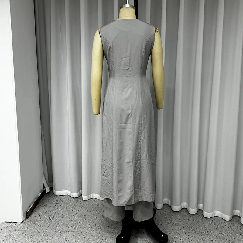 LBSFY  -  Office Women Summer Casual Chic Sleeveless V Neck Single Breasted Button Solid Long Top Loose Wide Legs Pants Sets