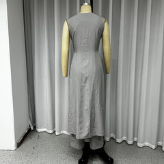 LBSFY  -  Office Women Summer Casual Chic Sleeveless V Neck Single Breasted Button Solid Long Top Loose Wide Legs Pants Sets