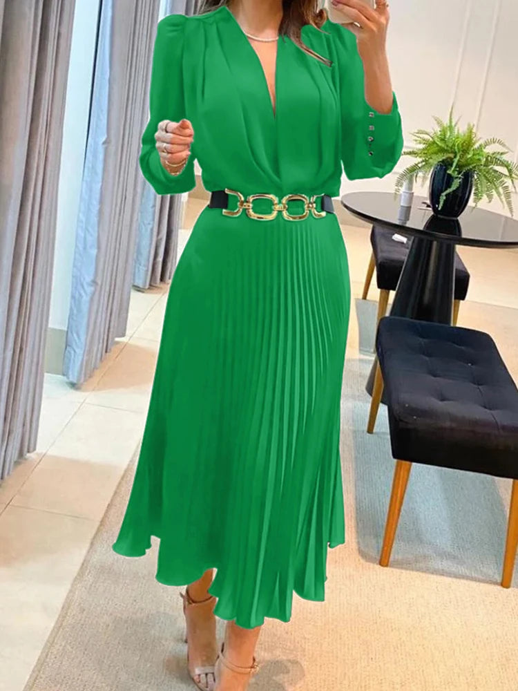 LBSFY  -  Black Ankle Length Dresses Women V Neck Long Sleeve Loose Elegant Office Lady Fold Dresses Women Autumn New