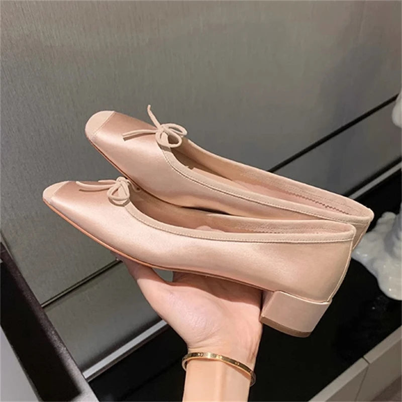 LBSFY -Fashion Design Silk Ballerinas Women Pumps Slip On Loafers Round Toe Square Heels Bowknot Casual Spring Autumn Shoes