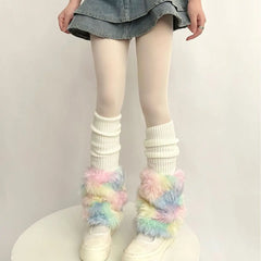 Lbsfy Cute Colorful Rainbow Leg Warmer Plush Imitation Fur Japanese Women Knitted Over Knee Tube  Winter Warm Long Leg Cover Socks