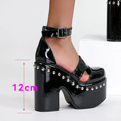 LBSFY -New Thick Sole Punk Sandals Women Wrap Toe Hollow Patent Leather Roman Sandalias Rivets Platform Casual Chunky Heel Buckle Shoes