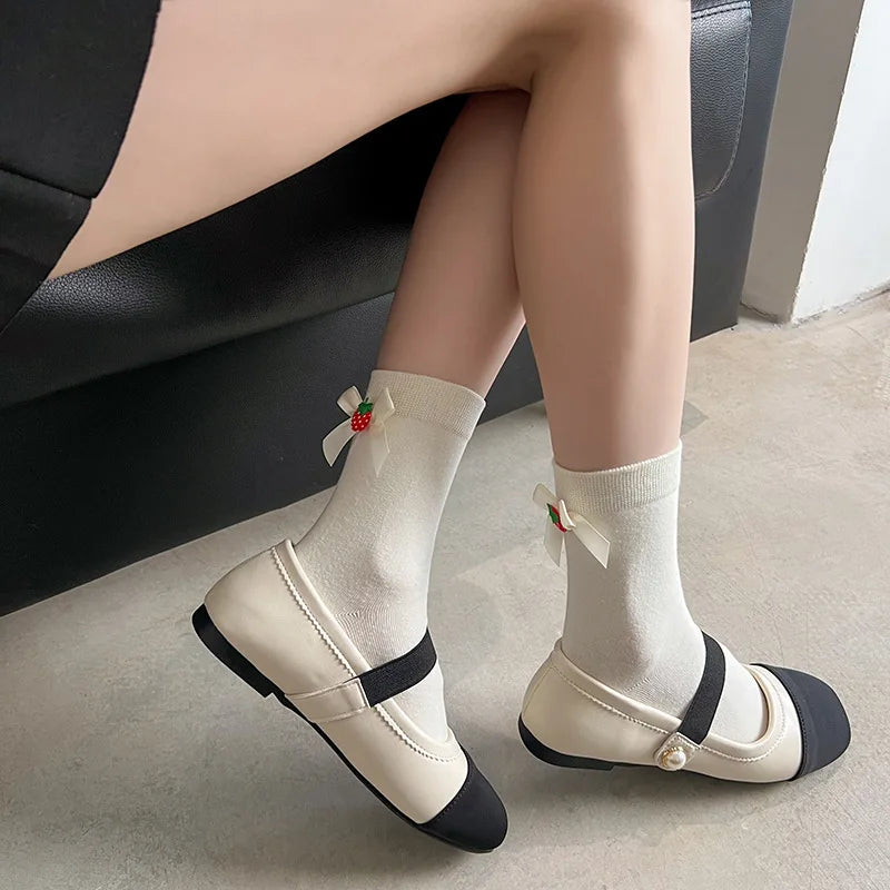 Lbsfy Women Socks Cotto Midtube Socks Black White Solid Color Japanese Harajuku Lolita Style Strawberry Bow Cotton Stockings Girl Gift
