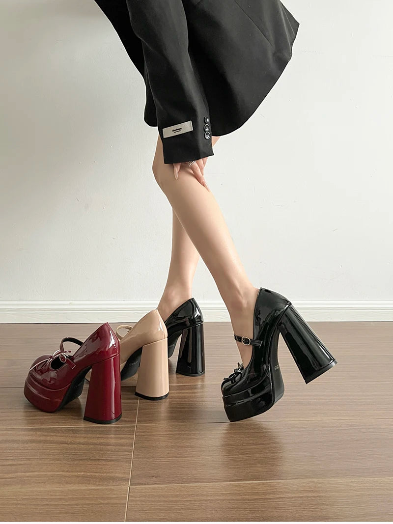 LBSFY -Platform Square High Heel Women's Mary Jane Shoes Fashion Butterfly-knot Shoes Spring Autumn Wedding Party Shoes