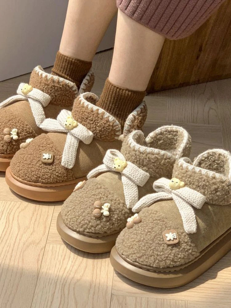 LBSFY  -  Autumn New Bow Design Cotton Boots Women Fashion Students Warm Outside Wear Shoes Female Lovely Bear Thick Soles Non-slip Shoes
