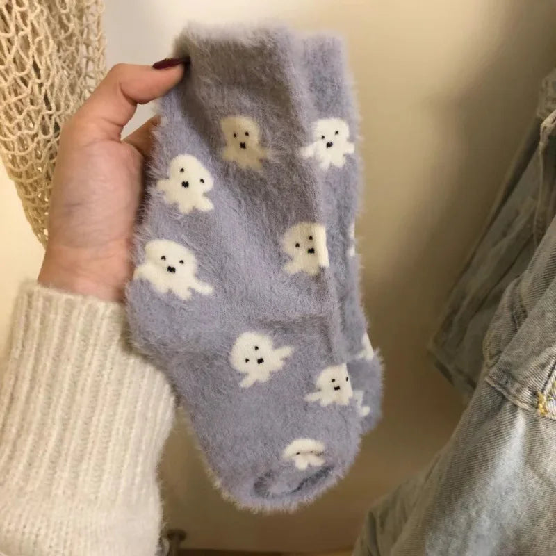 Lbsfy Mink Velvet Socks Women Autumn Winter Thicken Thermal Coral Velvet Sleep Plush Floor Cute Kawaii Soft Black White Sock Underwear