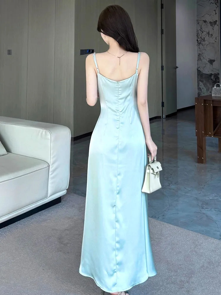 LBSFY -Party Chic Elegant Satin Split Sling Dresses For Woman Ruffles High Waist Folds Long Dress Prom Female Clothes 2025 New Robe