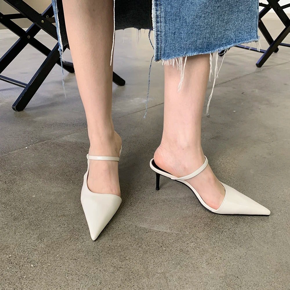 LBSFY  -  Fashion Women Slides Slippers Pointed Toe Black/White/Brown/Yellow Sexy Dress Shoes Thin High Heels Slip On Party Pumps Size 39