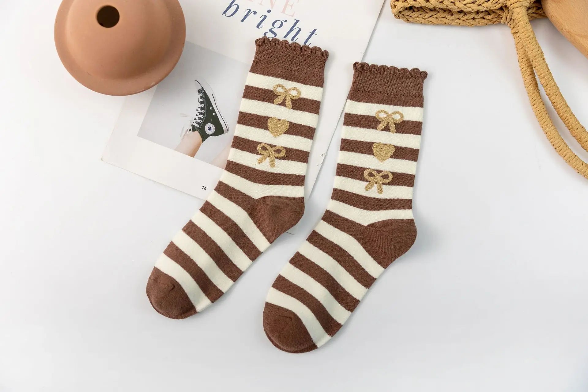 Lbsfy Ruffled Socks Women's Mid-tube Striped Dot Socks Spring Autumn Cotton Japanese Style Cute Kawaii Cartoon Bear Ladies Sports Soks