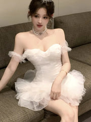LBSFY -French Elegant White Mini Women's Cake Dresses Slash-Neck Strapless Mesh Sexy Dress Prom Female Clothes New Spring Summer 2025