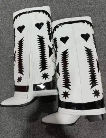 LBSFY  -  Burgundy White Brown Mixed Color Leather Eagle Star Heart Print Pointed Toe Square Med Heels Knee High Pants Boots Women Shoes