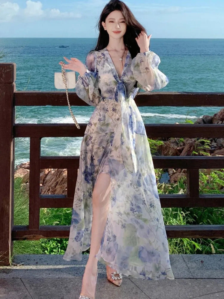 LBSFY -French Chiffon Print Dresses For Woman Summer V-Neck Slim Waist Elegant Long Dress Fashion Split Holiday Basics 2025 New Vestido