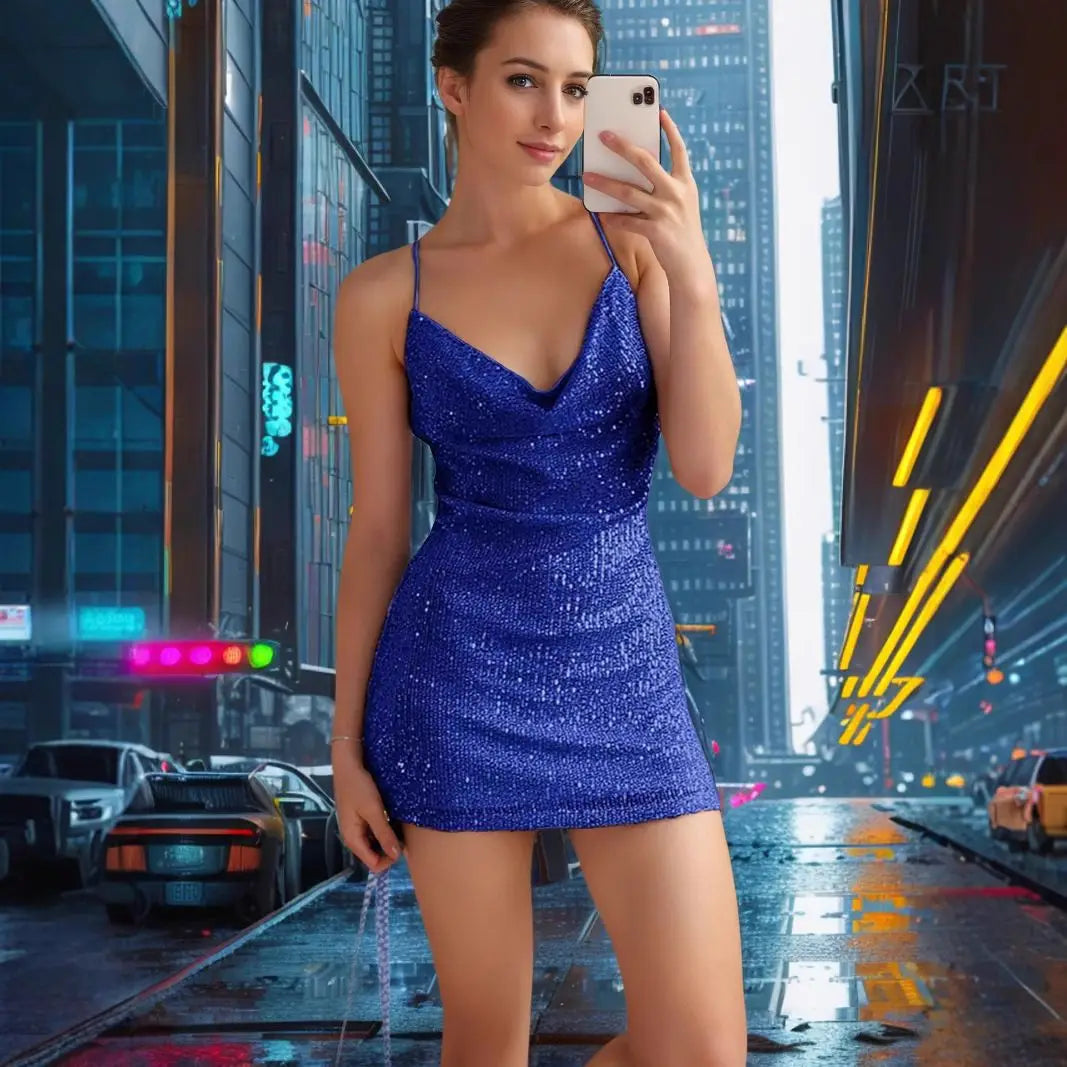LBSFY  -  2025 Summer Sexy Spaghetti Strap Club Mini Dress Women Backless Sequins Bodycon Party Dresses For Women Party Glitter Robe Femme