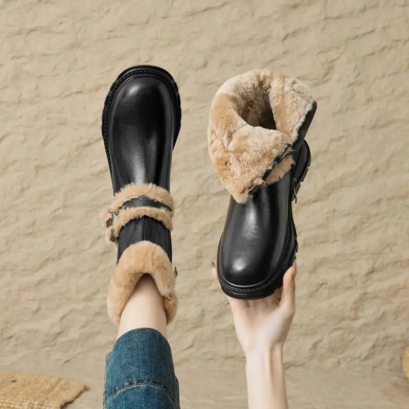 LBSFY  -  Nature Wool Warm Snow Boots Women Zipper Round Toe Platform Winter Boots Fashion Fur Ankle Boots For Women Shoes