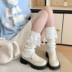 Lbsfy Leg Warmers Lace Rose Bowknot Solid Color Sweet Cute Girl Autumn and Winter Leg Warmers Lolita White Black Socks for Women