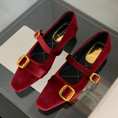 LBSFY  -  Flannel Retro Mary Janes Women Metal Buckle Low Heel Fashion Ballet Shoes Female Soft Sole Square Head Casual Mules Pumps Women