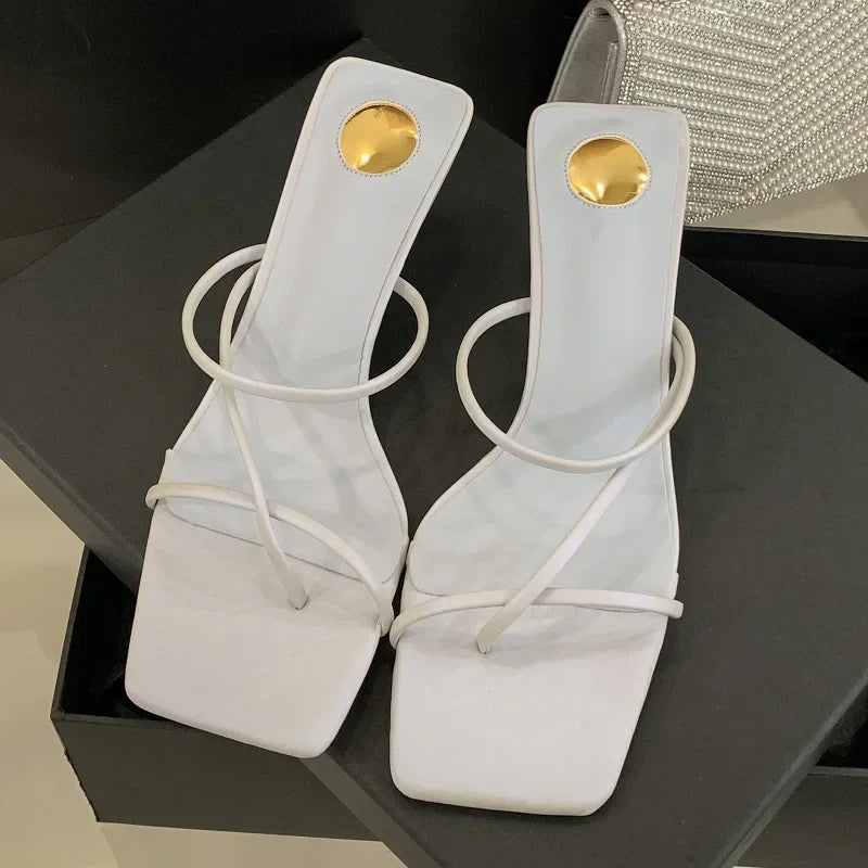 LBSFY -Summer New Fashion Narrow Band Hollow Out Slippers Women Square Toe Thin Low Heels Party Ladies Shoes